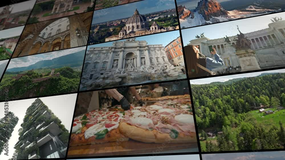 Collage with video walk through tourist points of cities of Italy. Tourist Europe beautiful cityscapes of Venice Rome Milan. Collage with video walk through tourist points of cities of Italy. Tourist Europe beautiful cityscapes of Venice Rome Milan.