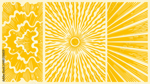 Three panels depicting stylized sunbursts and wavy lines in yellow and cream color scheme design art