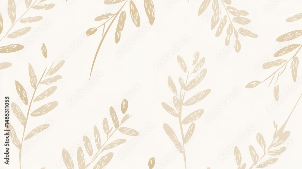 Beige leaf pattern on white, simple and elegant botanical design.