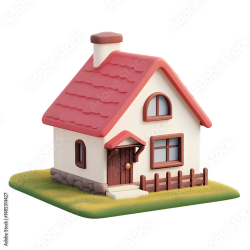 Whimsical, cartoonish representation of a charming little cottage, presented in a vibrant and colorful style. The miniature house sits on a patch of grass.