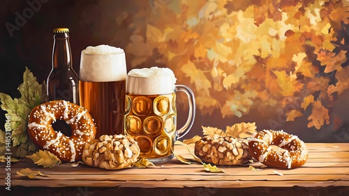 A still life featuring a glass of beer and a bottle of beer along with pretzels and fall foliage in the background