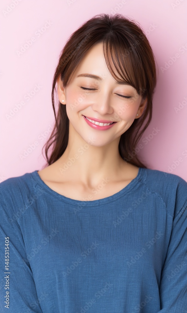 Serene woman meditating indoors, eyes closed, soft pink background, calm peaceful Serene woman meditating indoors, eyes closed, soft pink background, calm peaceful