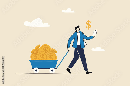 Success investor, rich man making money from business or investment, income and revenue, budget, saving or profit concept, rich and successful businessman with load of money golden coin in cart.