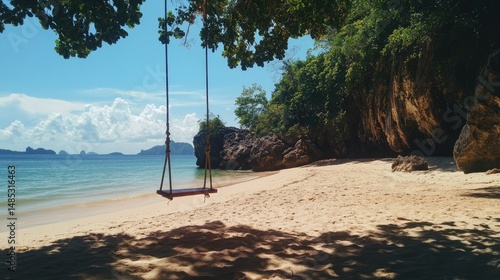 Wallpaper Mural A serene beach scene featuring a wooden swing hanging from a large tree, Torontodigital.ca