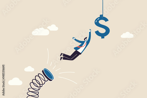 Pay raise, opportunity for more salary, income or investing profit, wages, chasing for earning, challenge or risk, motivation concept, confidence businessman jumping to catch dollar sign money.
