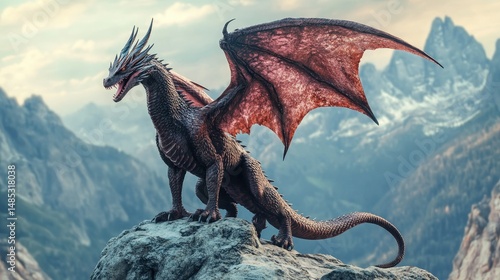 Wallpaper Mural A fierce, winged dragon with sharp claws and spiky scales stands atop a rocky outcrop, Torontodigital.ca