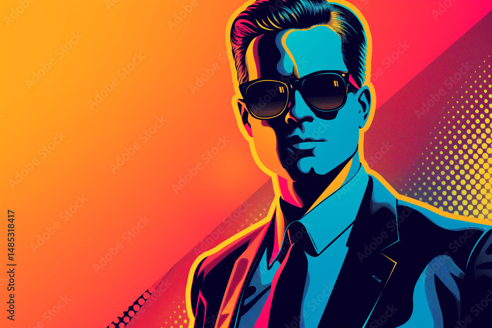 A striking illustration of a man in sunglasses, dressed in a suit against a colorful backdrop. Generative AI A striking illustration of a man in sunglasses, dressed in a suit against a colorful backdrop. Generative AI