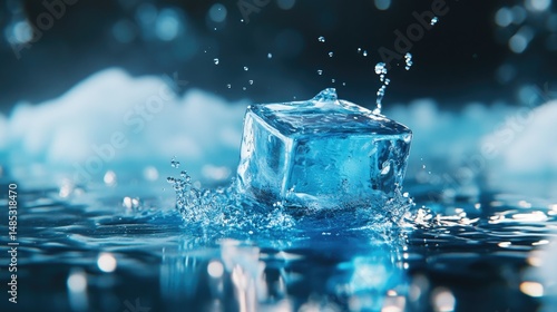 Wallpaper Mural A melting ice cube sits on a smooth, reflective surface, surrounded by droplets of water. Torontodigital.ca