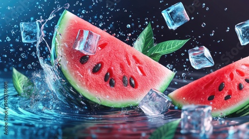 Wallpaper Mural A vibrant slice of watermelon surrounded by splashes of water and ice cubes, Torontodigital.ca