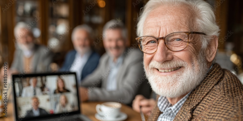 Senior man smiling during hybrid meeting with laptop and virtual participants Senior man smiling during hybrid meeting with laptop and virtual participants