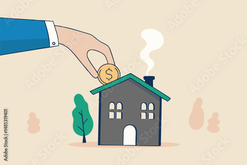 Down payment for house purchasing, mortgage or real estate loan, savings to buy new home or property investment, rental concept, businessman hand home owner putting money dollar coin into new house.
