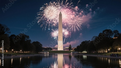 Spectacular 4th of July Fireworks Display Over Washington Monument and Reflecting Pool in Washington DC, USA. A Captivating Nighttime Scene of American Patriotism and Celebration
