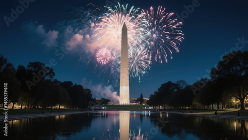 Washington Monument surrounded by vibrant fireworks illuminating the night sky reflecting on the Reflecting Pool creating a captivating display of celebration and patriotism.