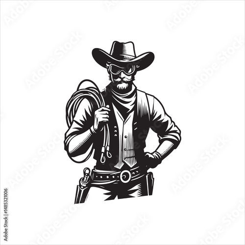 Wallpaper Mural Cowboy with Lasso Standing Pose – Western Black and White Line Art Torontodigital.ca