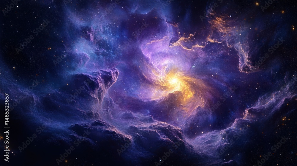 Vibrant cosmic nebula with swirling purple and blue clouds surrounding a bright golden glowing center star in deep space Vibrant cosmic nebula with swirling purple and blue clouds surrounding a bright golden glowing center star in deep space