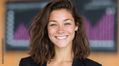 Confident young woman smiling brightly in professional attire with a friendly expression showcasing workplace positivity and personal branding against a financial growth background Free Download Confident young woman smiling brightly in professional attire with a friendly expression showcasing workplace positivity and personal branding against a financial growth background - GFXLoad