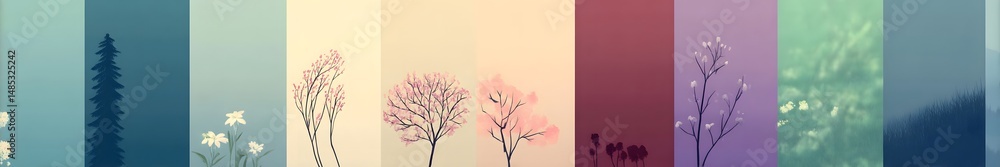 Naklejka premium Palette of Serenity: A gentle artistic arrangement of flora, portrayed in delicate hues, evokes a sense of peace and tranquility, perfect for those seeking a touch of natural beauty.