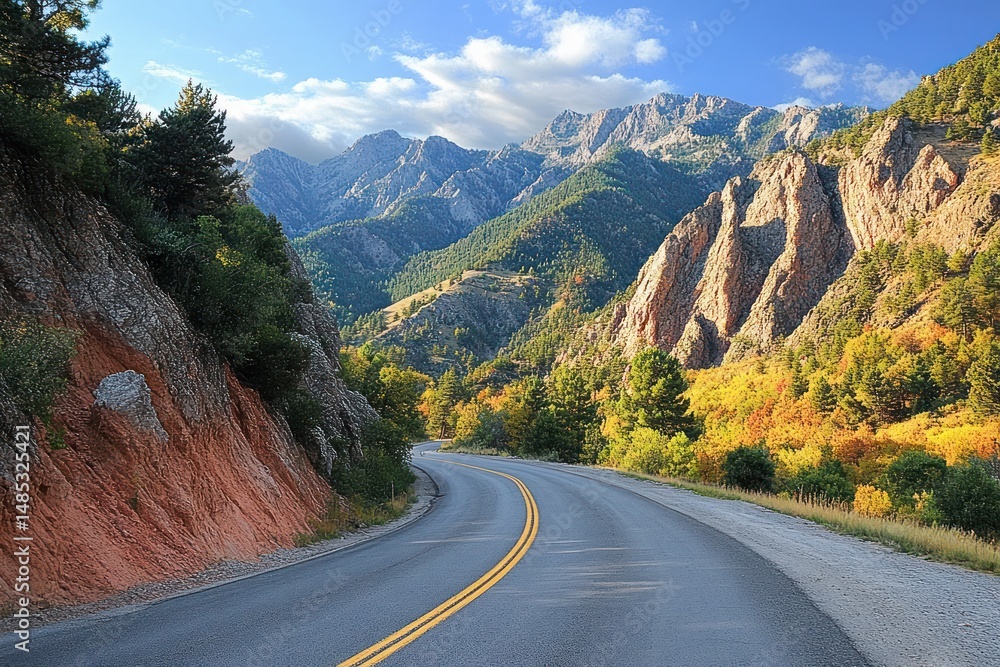 Fototapeta premium Winding mountain road surrounded by colorful autumn trees and rocky cliffs under a partly cloudy blue sky