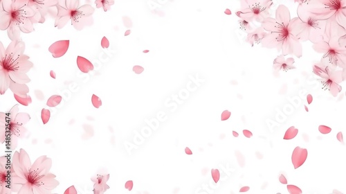 Illustration of cherry blossom flowers and petals on white background.