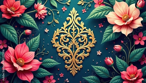 Intricate damask style, lush blooms, swirling leaves , bloom, scroll