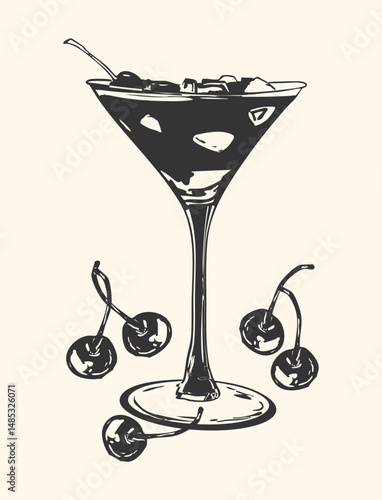 Black and White Cherry Martini Illustration