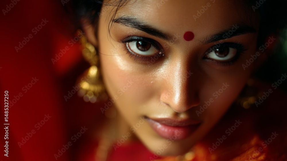 A contemplative gaze captures deep emotion and cultural richness, embodied by the soft lighting and vivid red attire of a captivating woman. A contemplative gaze captures deep emotion and cultural richness, embodied by the soft lighting and vivid red attire of a captivating woman.