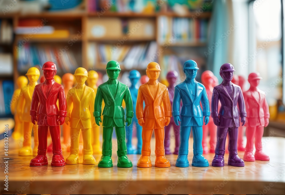 Fototapeta premium a vibrant row of little plastic construction workers in rainbow colors stand proudly on a wooden surface before a blurred bookshelf.