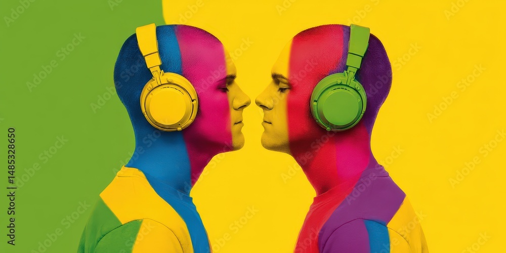 Fototapeta premium Vibrant artistic representation of two individuals facing each other wearing colorful headphones against a striking backdrop of primary colors showcasing bold expression and creative identity