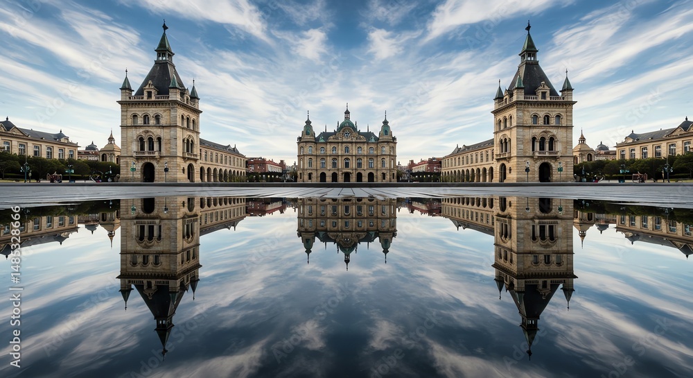 Fototapeta premium Symmetrical architecture reflection in water