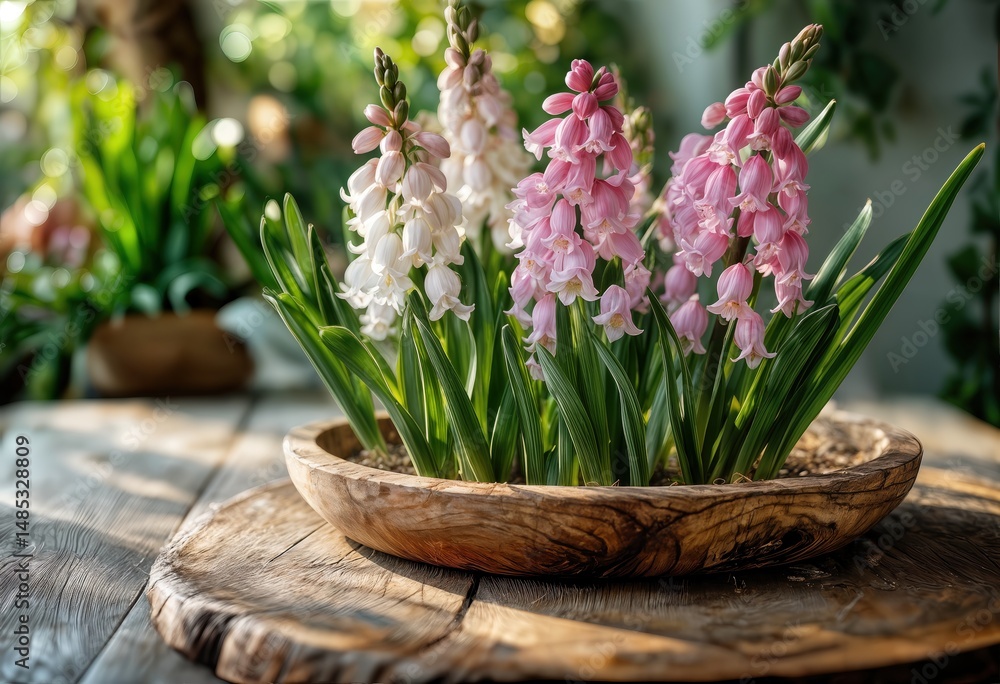 Obraz premium a still life featuring pink and white hyacinths blooming in a rustic wooden bowl on a weathered wooden surface with blurred floral backgrounds.