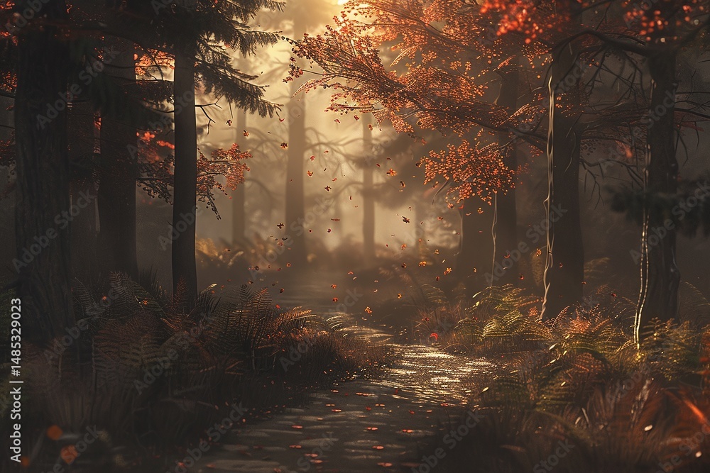 Fototapeta premium Sunlit Forest Path with Autumn Leaves Varient 3