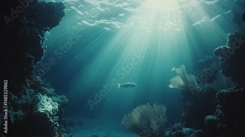 Underwater scene depicting a vibrant coral reef with colorful corals and marine life.