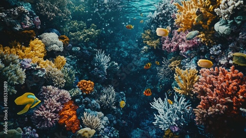 A vibrant underwater scene showcasing a coral reef teeming with life.