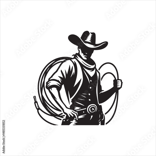 Cowboy with Lasso Standing Pose – Western Black and White Line Art