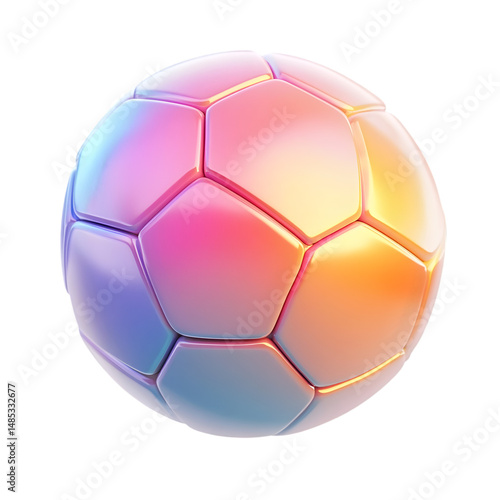 Vibrant, glossy soccer ball with a modern, geometric design, featuring an array of pastel colors and smooth reflective surfaces.
