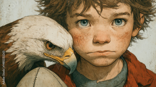 Pensive Young Boy with Majestic Eagle Close Up Portrait