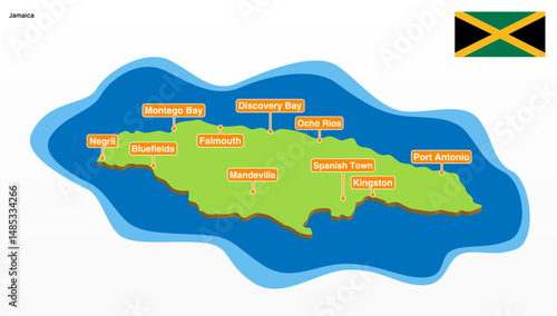 3d vector illustration of a colorful touristic map of Jamaica country shape