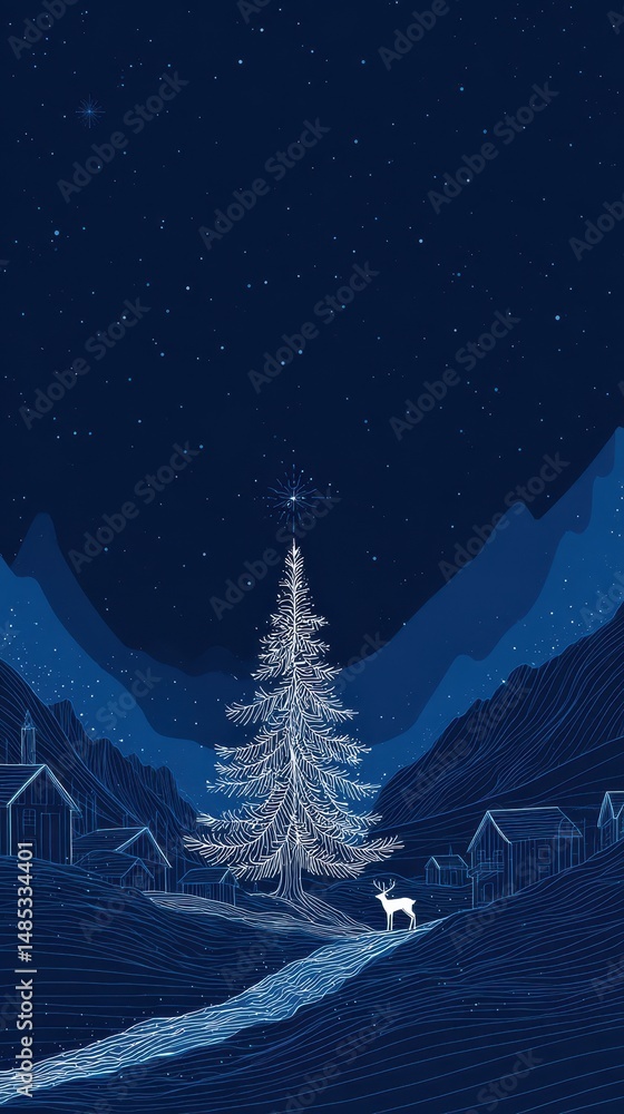 Fototapeta premium A winter scene featuring a stylized Christmas tree and village.