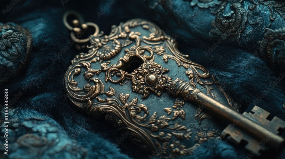 Obraz premium An ornate vintage key with intricate designs resting on luxurious fabric, showcasing details of craftsmanship and richness