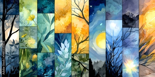 Seasonal Symphony: An artful watercolor mosaic evokes the beauty and tranquility of the different seasons, using rich, natural tones to capture the essence of each phase. 