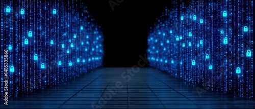 Digital security environment displaying glowing blue padlocks and binary code streaming on dark background symbolizing cybersecurity challenges and technological advancements in protective