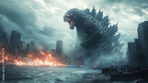 Giant monster Godzilla confronts city in dramatic destruction