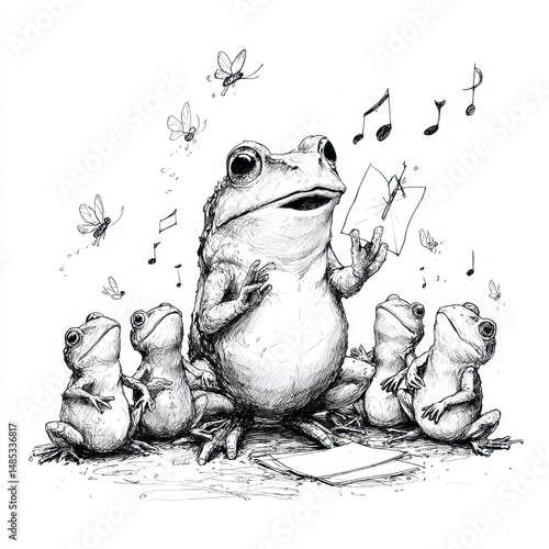 A whimsical illustration of a frog leading a chorus of other frogs.