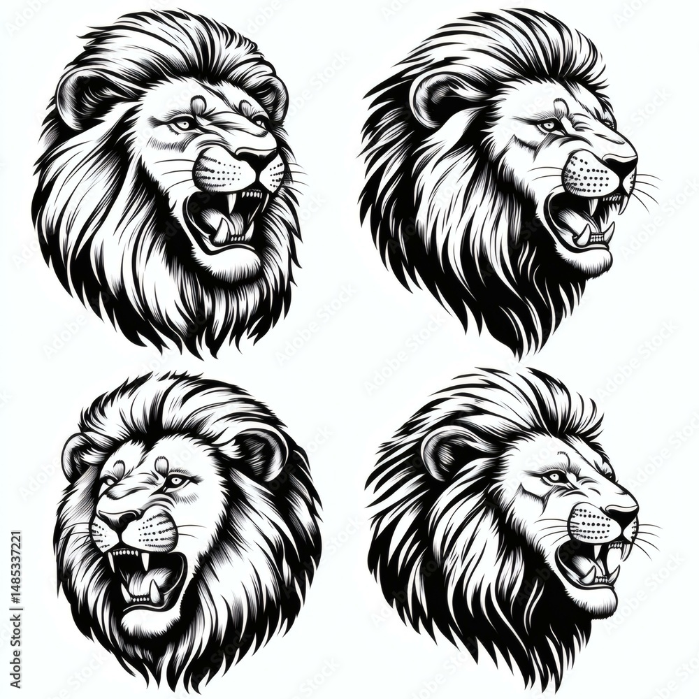 Fototapeta premium Four Lion Head Illustrations in Various Angles