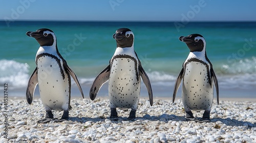 Three African penguins standing on the beach near the ocean, ready for a day of exploration in the sun.