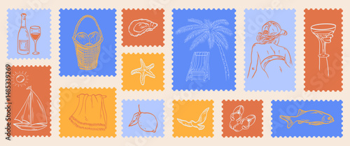 Italy la dolce vita vintage stamps. Mediterranean placard or poster. Summer in Amalfi. Sticker print with image of crab, beach decor, girl, boat. Vector illustration doodle.