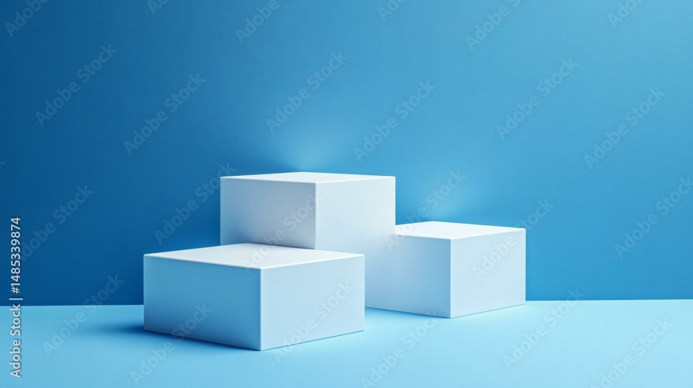 White Cubic Display Platform Against a Blue Background White Cubic Display Platform Against a Blue Background