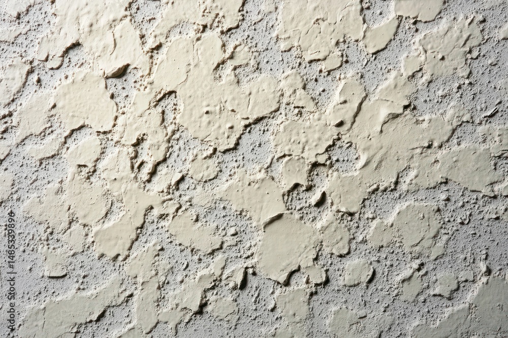 Obraz premium Close-up of old wall surface with peeling cream paint revealing rough textured underlying layer conveying age and weathered condition