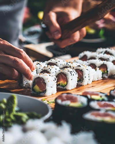 Person is making sushi on a wooden board