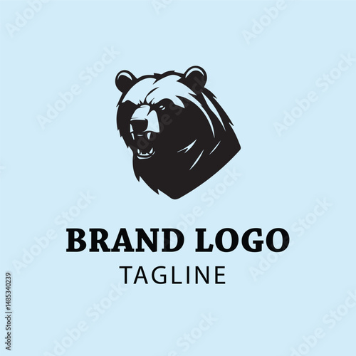 Black bear head logo design featuring a fierce, aggressive expression. Silhouette of a bear head, displayed against a light background.